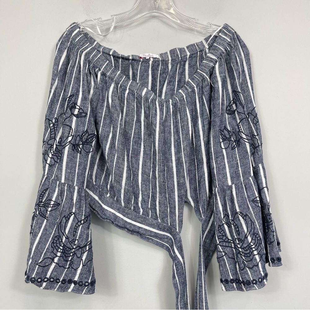 Parker Georgina Blue White Stripe Off-Shoulder Peasant Top S Revolve Cropped - Picture 9 of 11